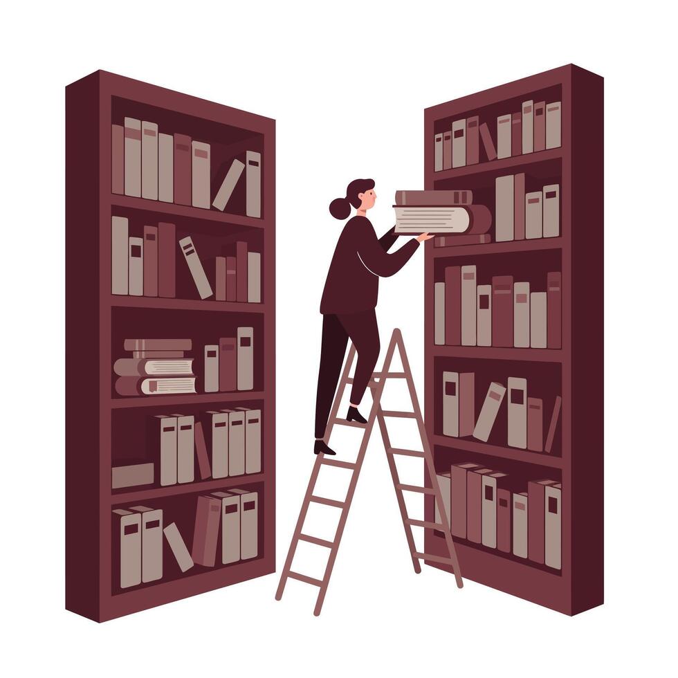 Woman standing on a ladder organizing books on tall bookshelf in a quiet library or study room setting with a focused and calm atmosphere vector