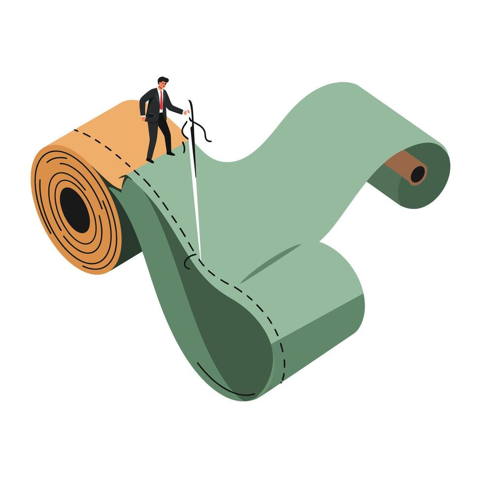Businessman in suit sewing together two large fabric rolls symbolizing connection and integration in a conceptual teamwork scene vector