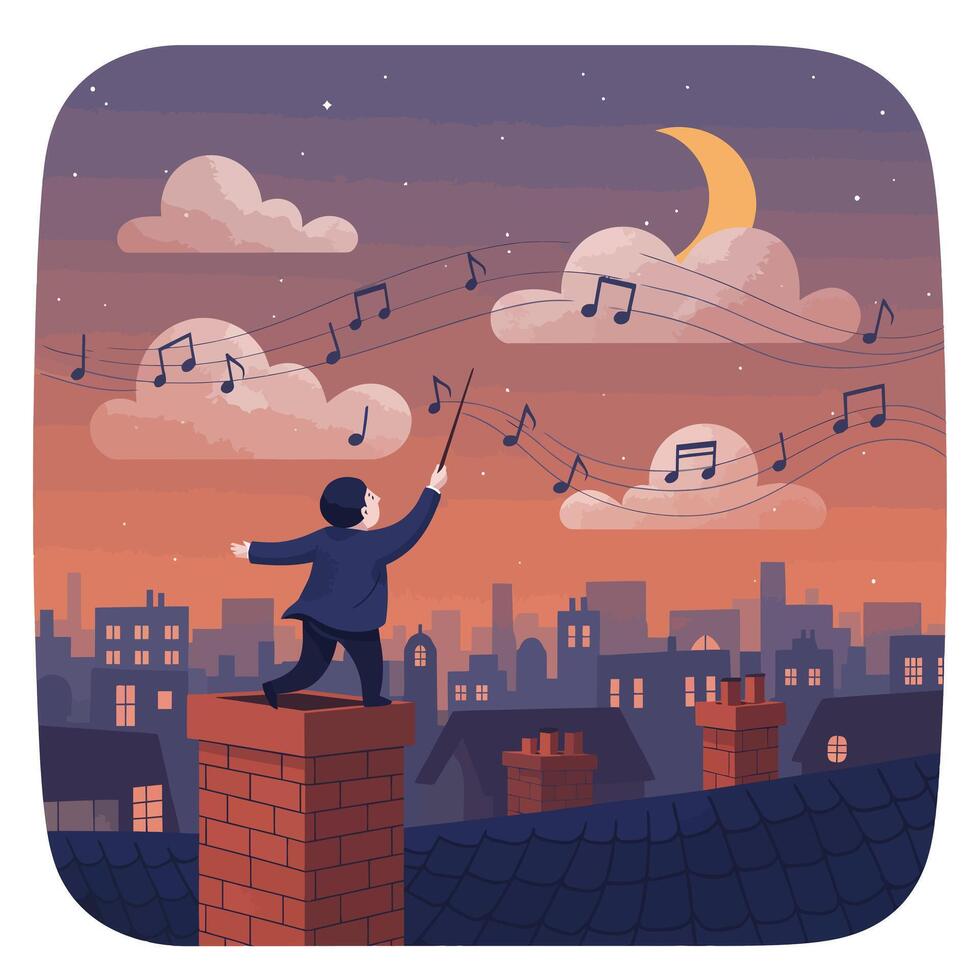 Young conductor in dark suit standing on rooftop chimney directing musical notes floating across twilight sky over city skyline vector