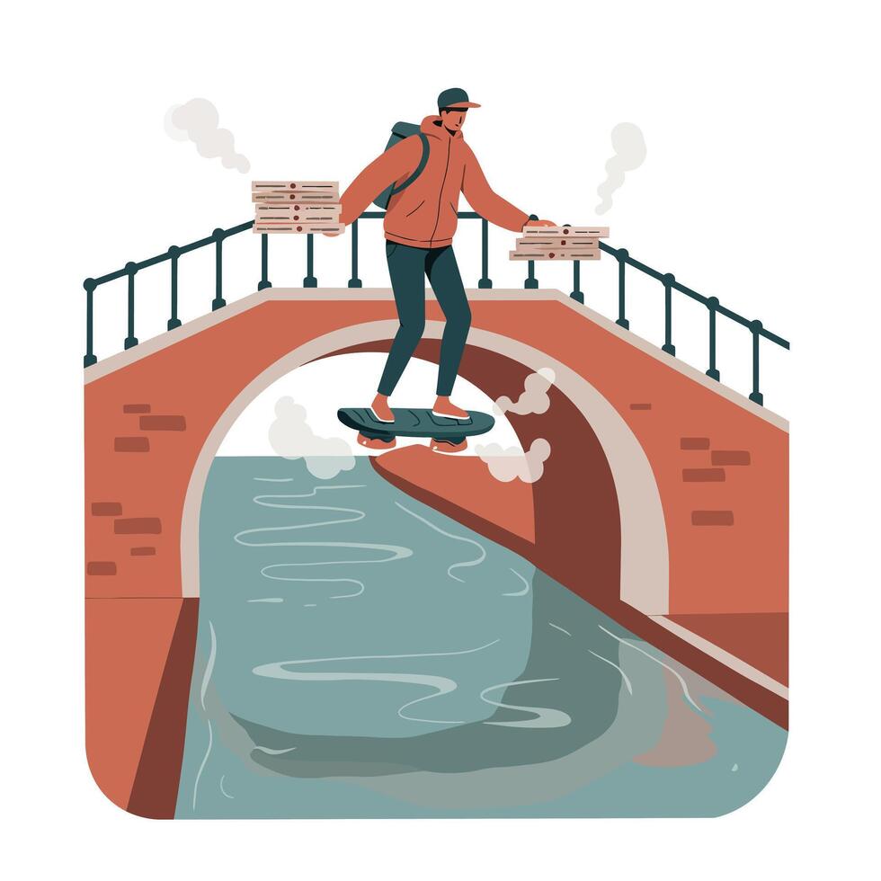 Young delivery man wearing casual jacket and cap rides hoverboard over canal bridge carrying two steaming pizza boxes in urban setting vector
