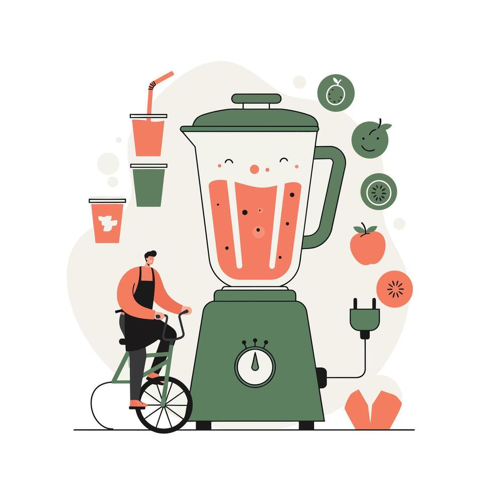 Man pedaling stationary bike to power large green blender filled with fruit smoothie ingredients in minimalist style vector