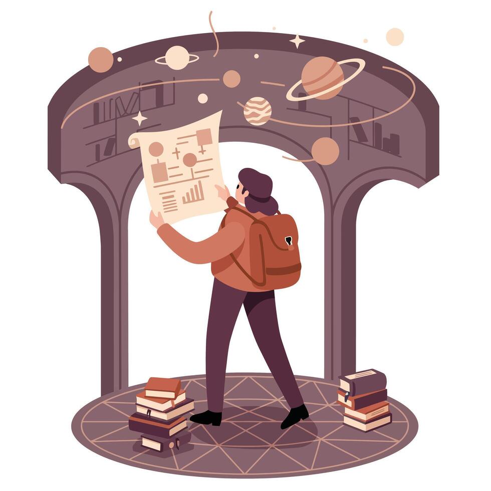 Young student with backpack studying astronomy charts under a planetarium dome surrounded by floating planet models and stacks of books vector