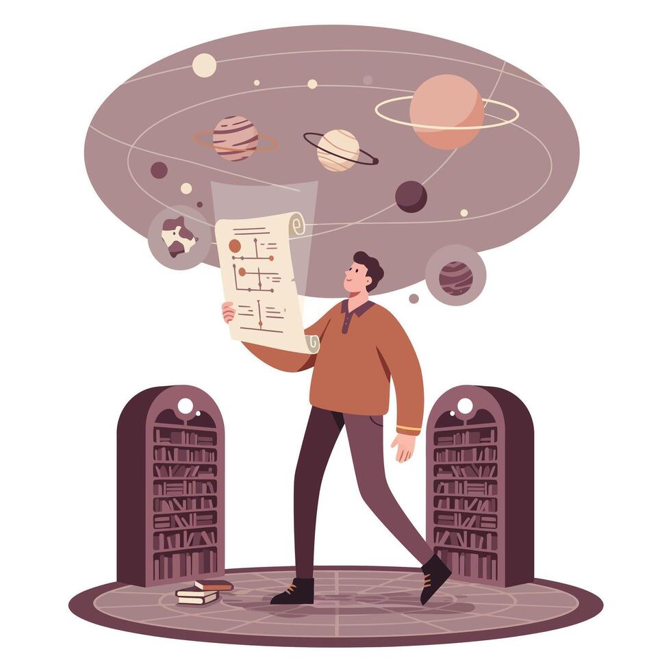 Man standing between two tall bookshelves holding a paper with a celestial solar system projection above him in a library setting vector