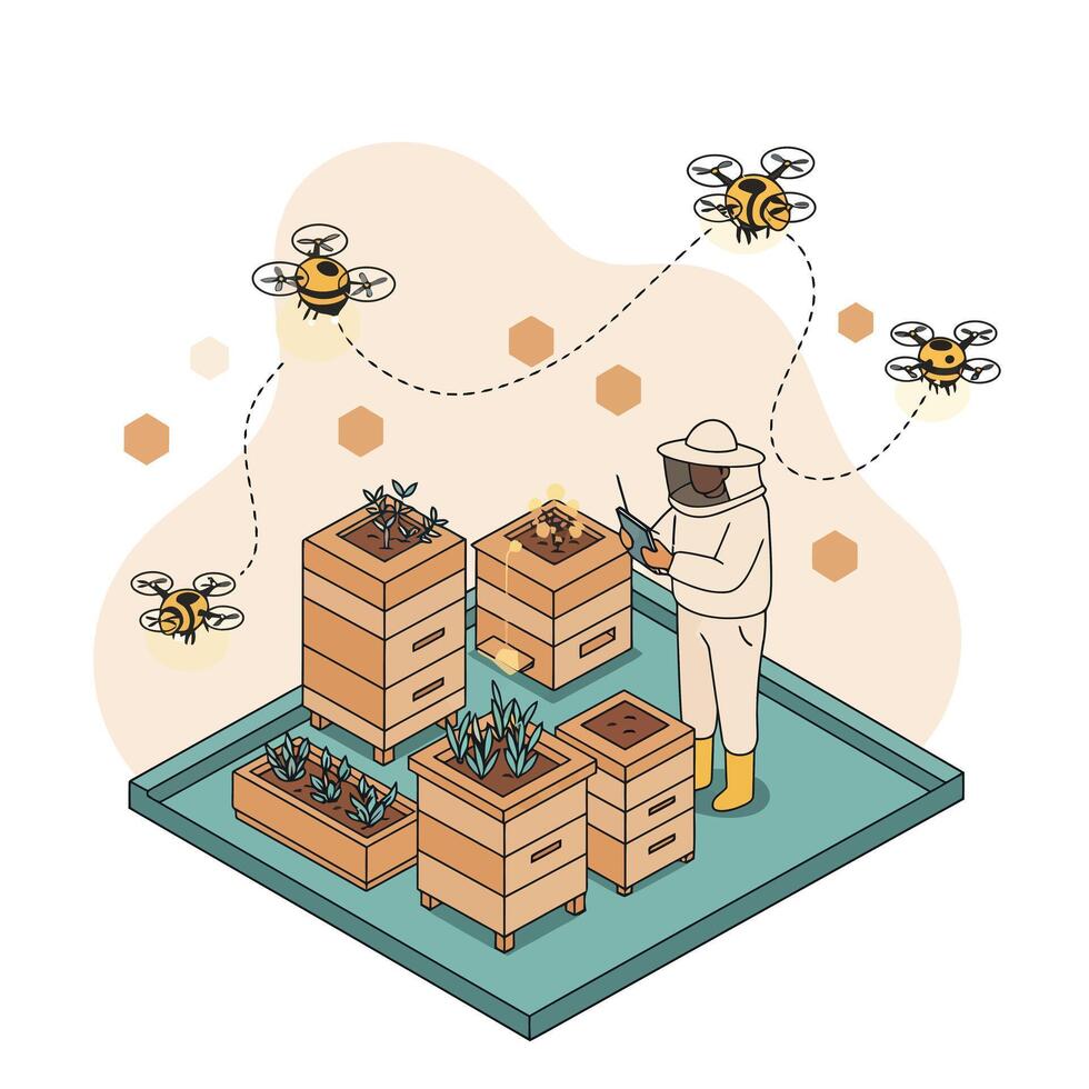 Beekeeper in protective suit inspecting wooden beehives with active bees flying around in a controlled apiary environment vector