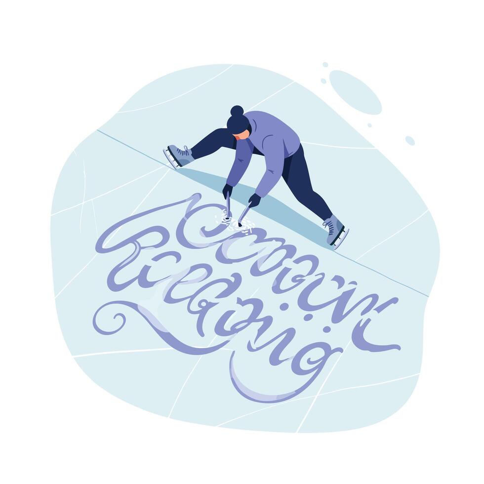 Man wearing winter clothes and ice skates performing artistic calligraphy on ice surface with a graceful pose and fluid movements vector