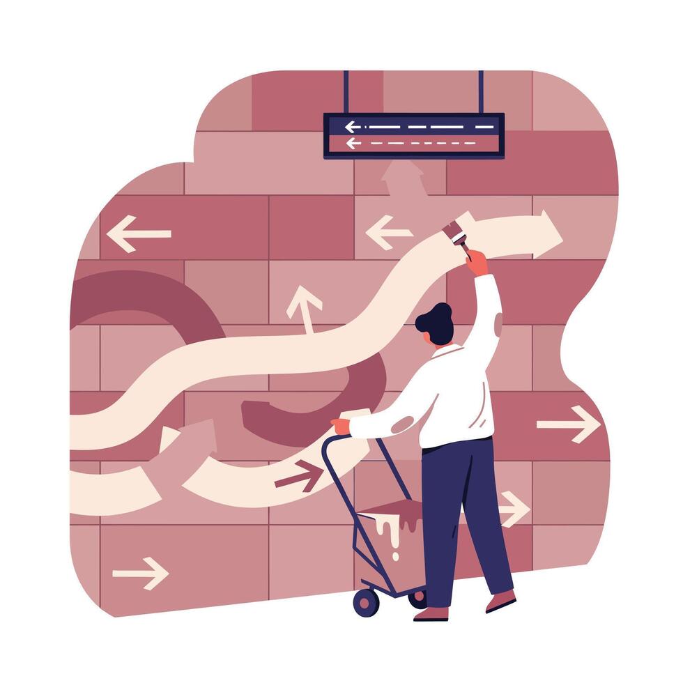 Man facing a brick wall with multiple direction arrows while painting a large white arrow pointing right, pushing a trolley, symbolizing decision making and guidance vector