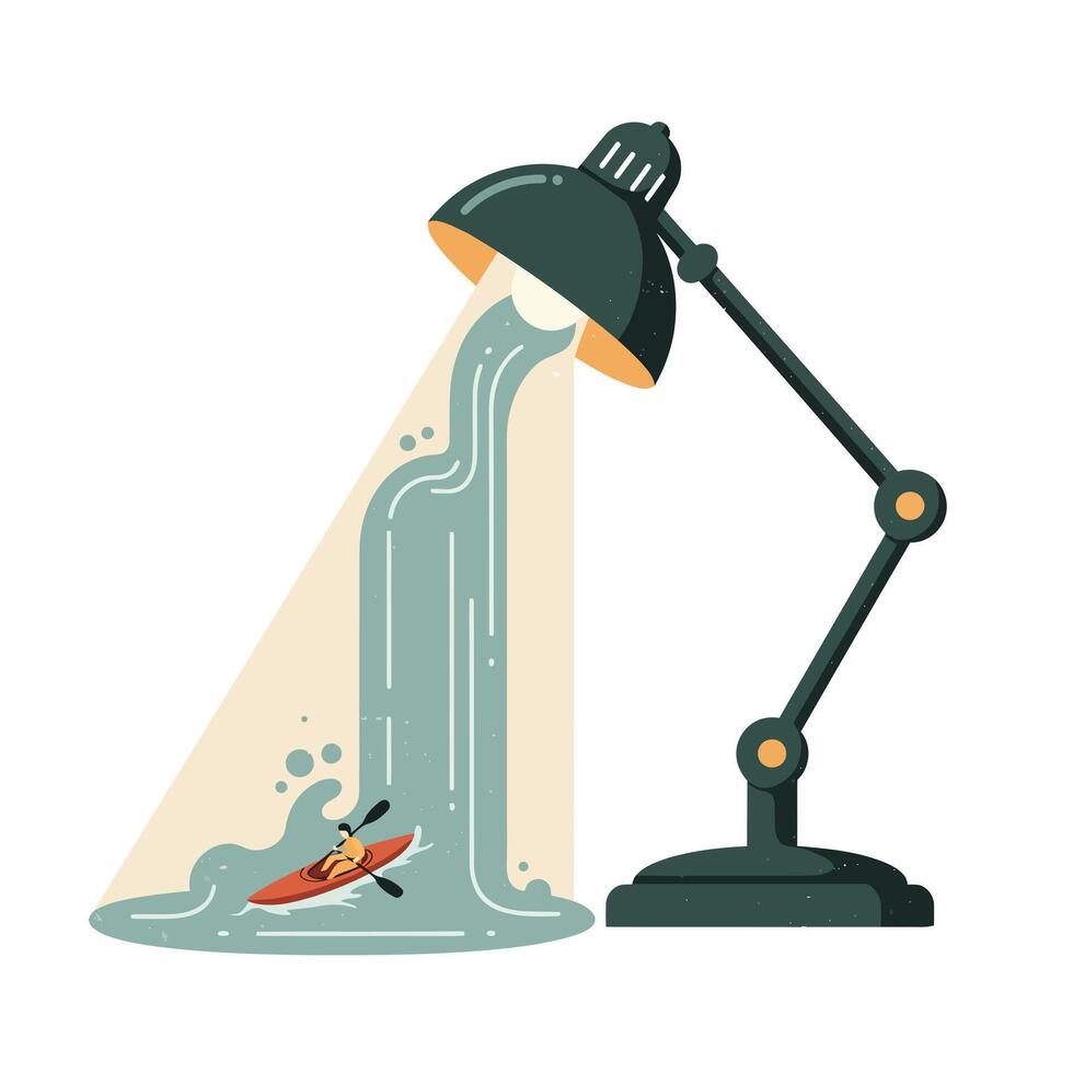 Black adjustable desk lamp pouring a stream of water with a small person kayaking inside illuminated water flow on white background vector