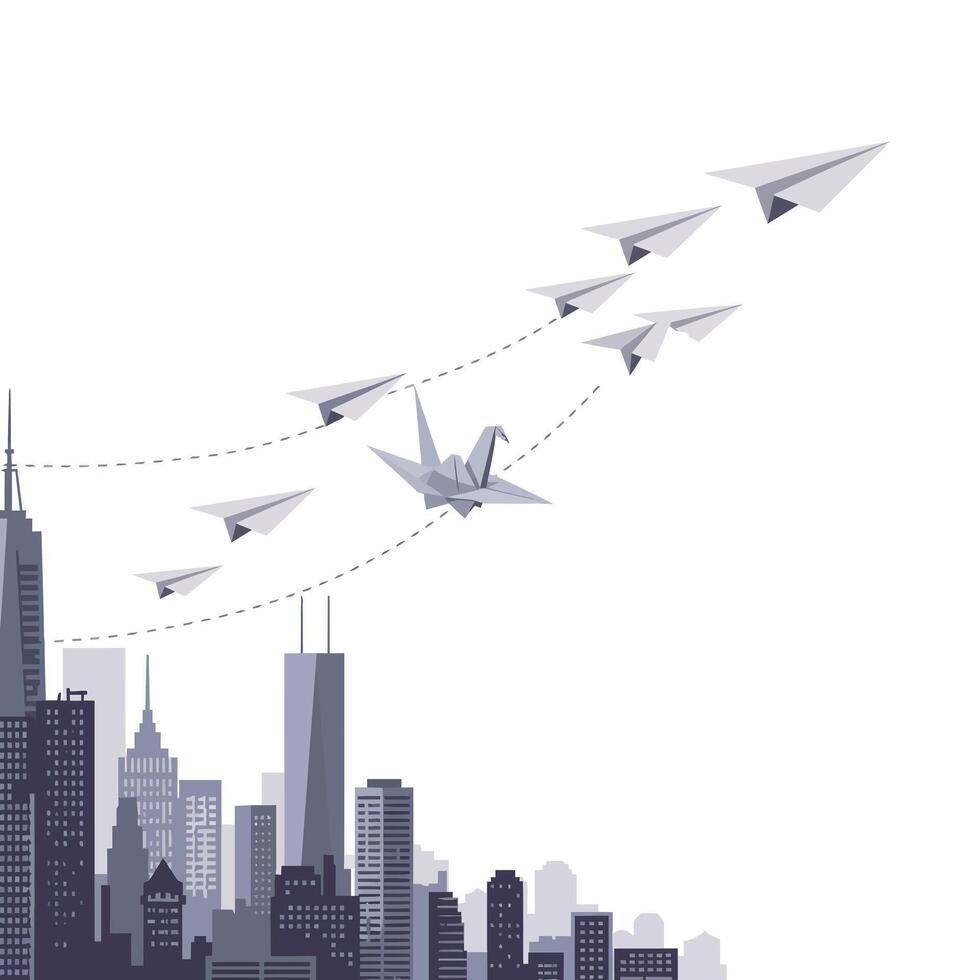 White paper airplanes flying in formation above a monochrome city skyline with one shaped like an origami crane leading the group, symbolizing creativity and leadership vector