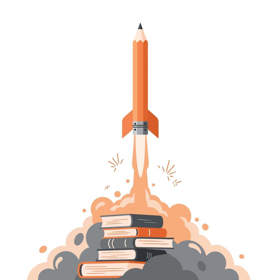 Orange pencil shaped like a rocket launching from a stack of books with smoke and sparks symbolizing creativity and knowledge taking off vector