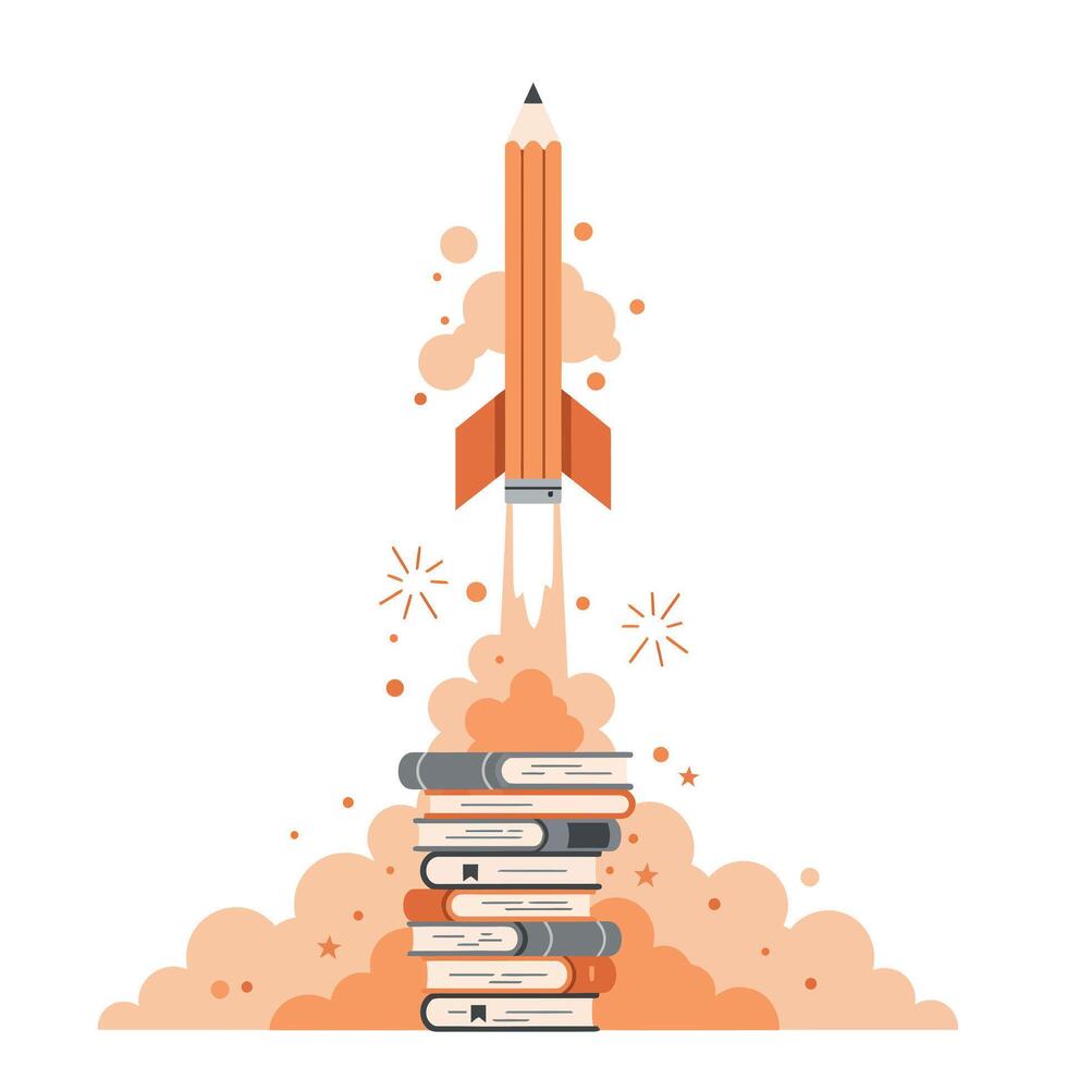 Orange pencil shaped like a rocket launching upward from a stack of books with smoke and spark effects, symbolizing creativity and knowledge acceleration vector