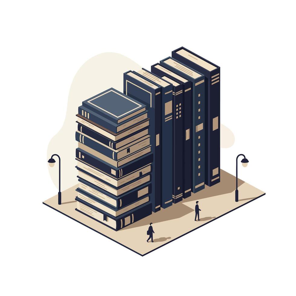 Isometric illustration of tall stacks of large books resembling buildings on a city block with two small human figures walking nearby under street lamps in muted tones vector