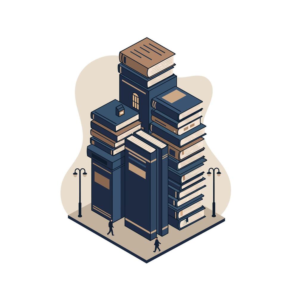 Isometric illustration of stacked books resembling tall buildings on a city block with street lamps and a walking pedestrian in muted blue and beige tones vector