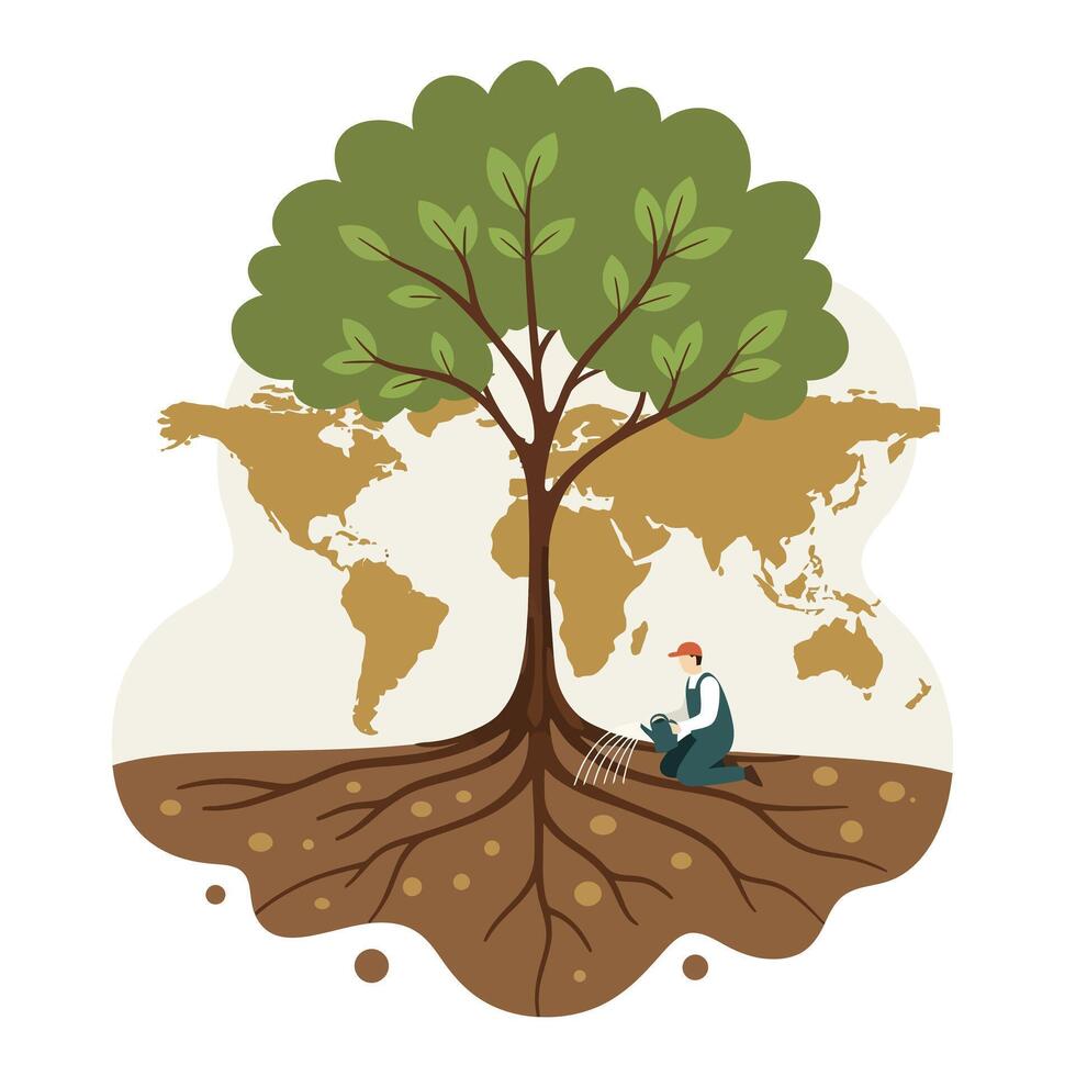 Illustration of a large green-leafed tree with extensive roots and a person planting seeds in soil, with a world map in the background symbolizing global environmental care and growth vector