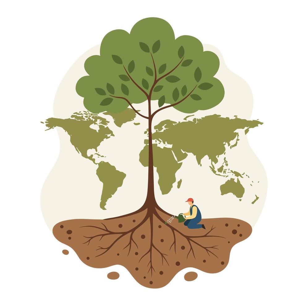 Man planting a healthy green tree with deep roots against a world map background symbolizing global environmental care and sustainable growth vector