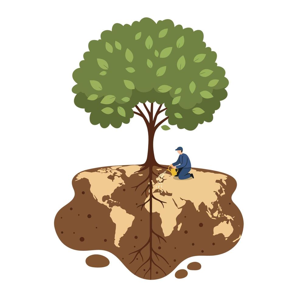 Man planting a large green leafy tree on a brown soil patch shaped like a world map representing environmental care and global growth vector