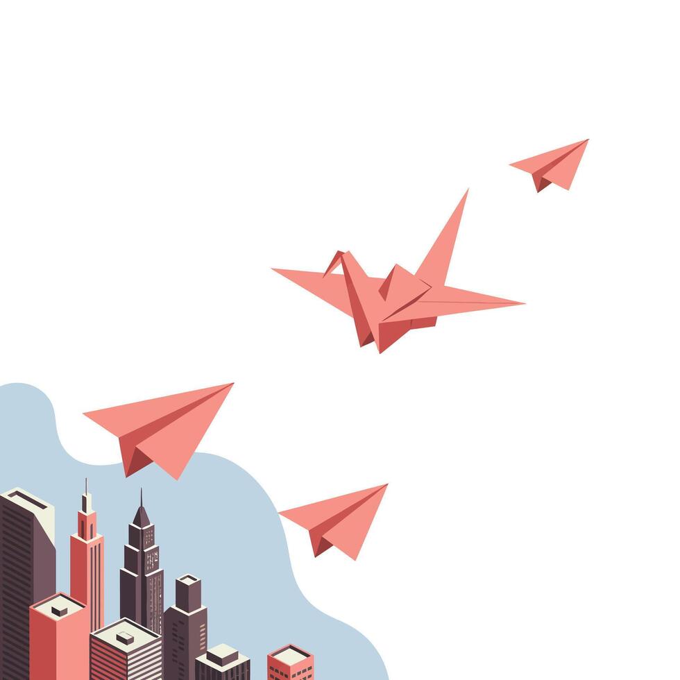 Origami paper crane and paper planes flying over stylized city skyline with modern buildings and blue sky background vector