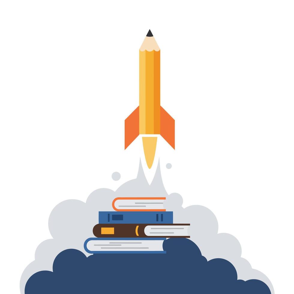 Yellow pencil shaped like a rocket launching upward from a pile of colorful books with smoke clouds beneath, symbolizing creativity and knowledge taking flight vector