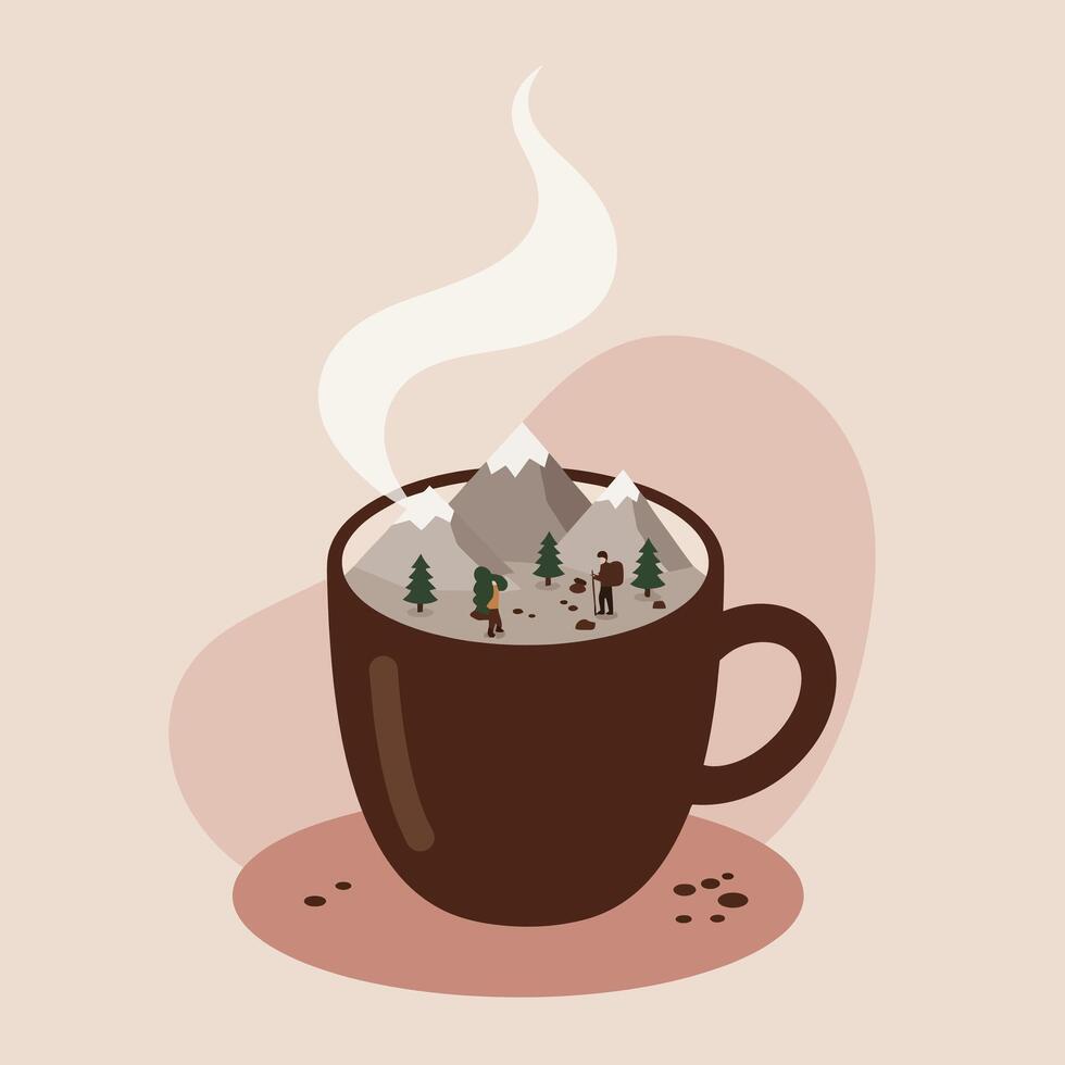 Brown coffee cup with steam rising, containing miniature snow-capped mountains and small green pine trees in a cozy, warm setting vector