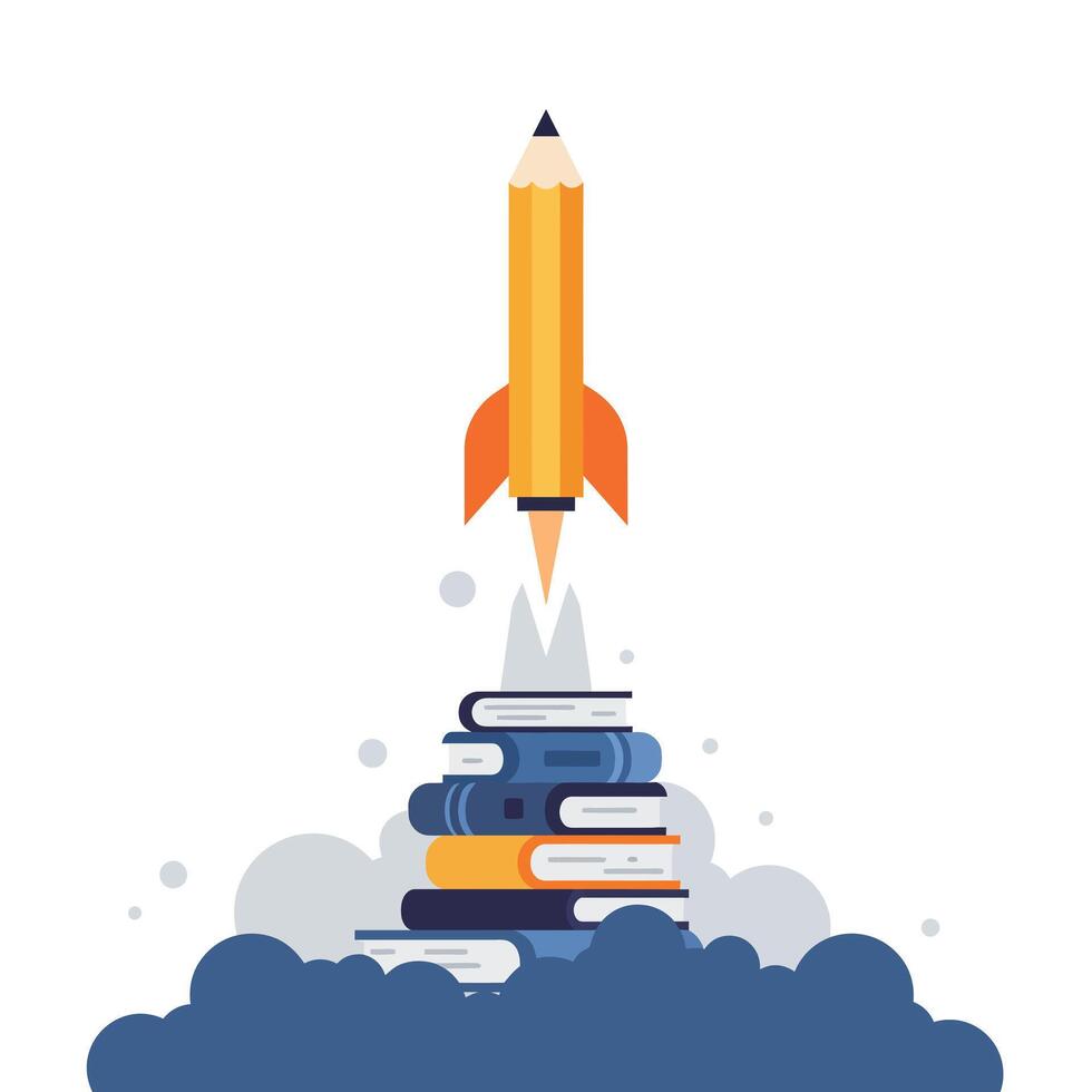 Illustration of a large yellow pencil rocket launching from a stack of colorful books with smoke and clouds surrounding the base, symbolizing knowledge and creativity taking flight vector