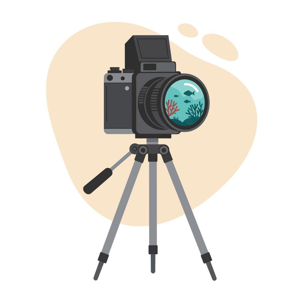 Professional digital camera mounted on tripod with underwater coral reef scene reflected in the lens, isolated on light beige abstract background, minimalistic design vector