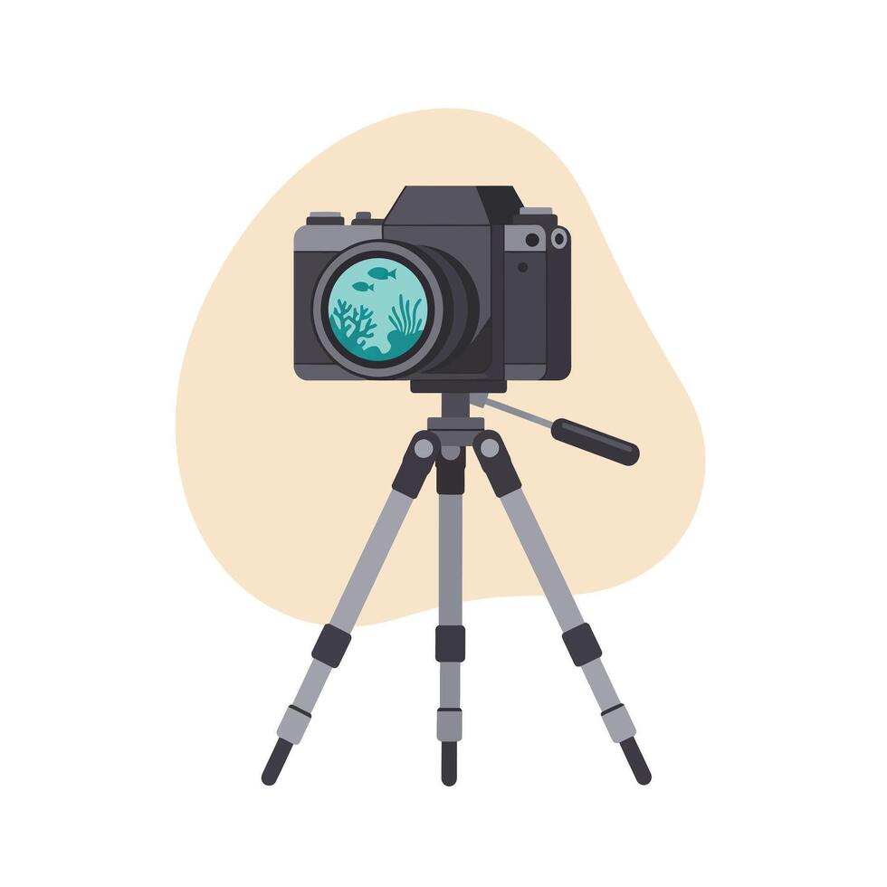 Professional digital camera mounted on a silver tripod capturing underwater coral reef scene in a minimalist studio setting with neutral background vector