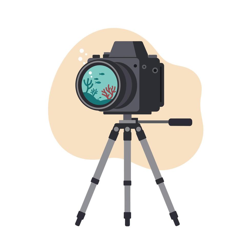 Professional digital camera mounted on tripod capturing underwater coral reef scene in minimalist studio setting with neutral beige background vector