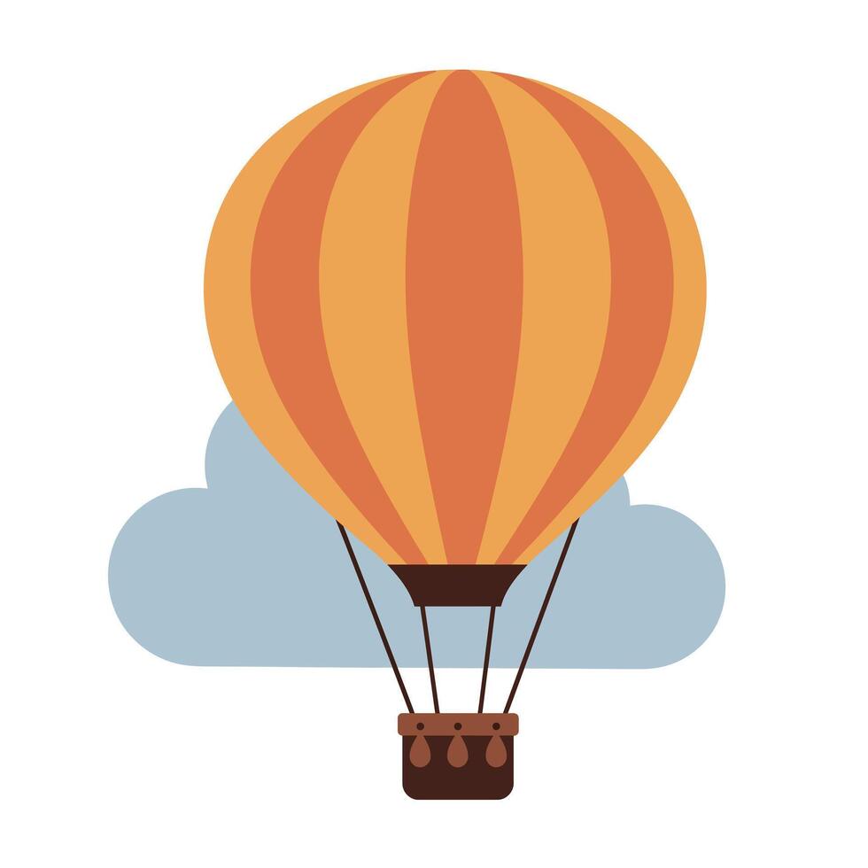 Orange and brown striped hot air balloon floating in sky with light blue cloud background in minimalist style vector