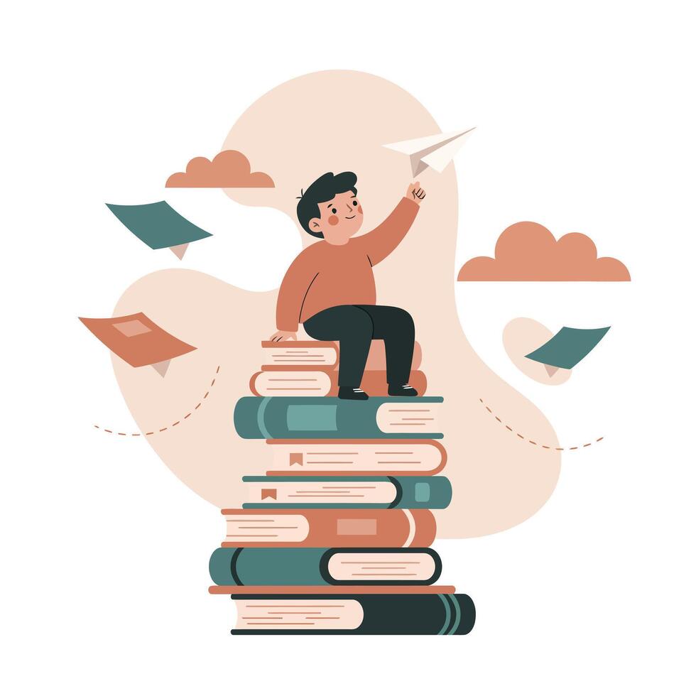 Young boy sitting on a tall stack of books holding a paper airplane while colorful papers float around in a playful, imaginative setting vector