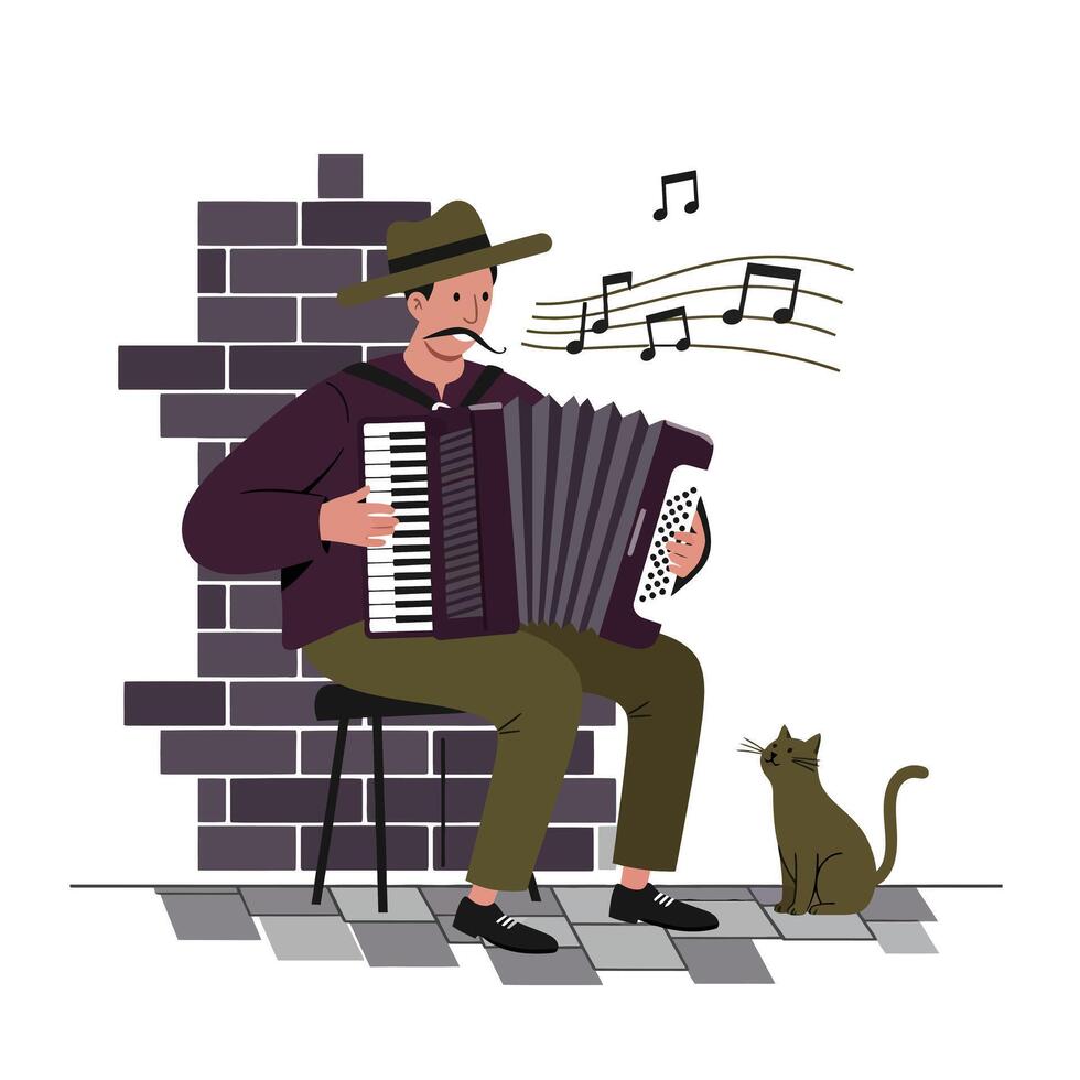 Man wearing hat and casual clothes playing accordion seated on stool against brick wall with cat listening attentively on tiled floor vector