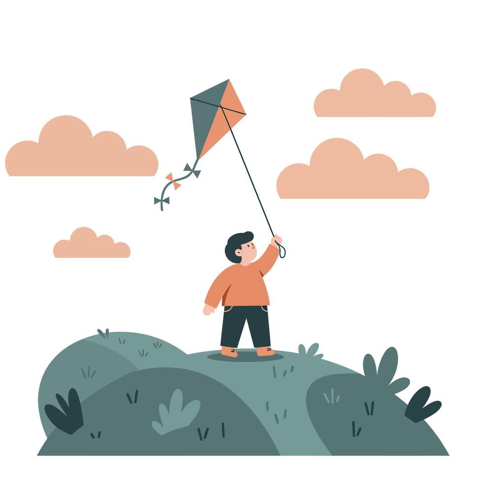Young boy in orange sweater standing on grassy hill flying a dark green and orange kite under soft peach clouds in a calm outdoor setting vector