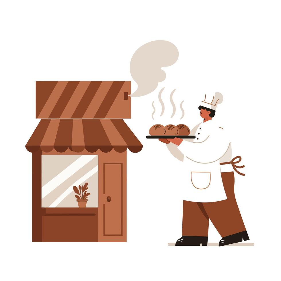 Baker carrying a tray of freshly baked steaming bread loaves walking outside a small brown bakery shop with a striped awning and a potted plant in the window vector