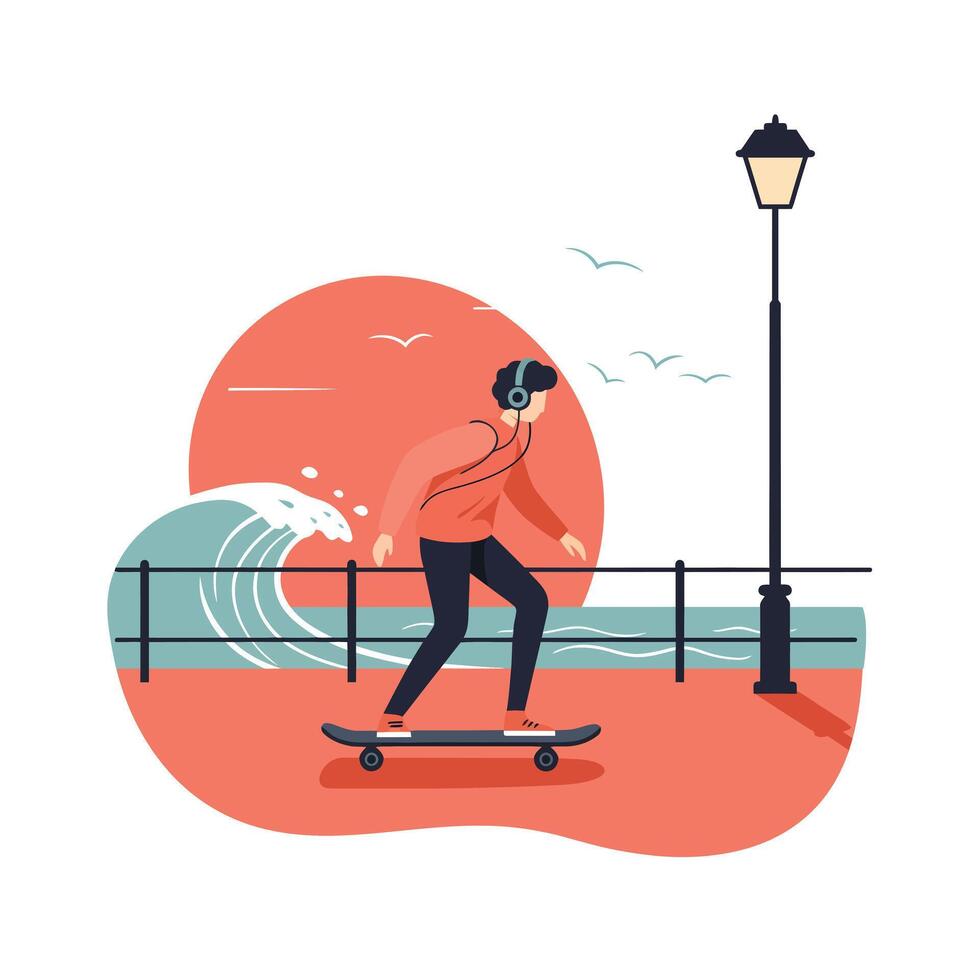 Young man wearing headphones skateboarding along seaside promenade near railing and lamppost with ocean waves and birds in the background vector