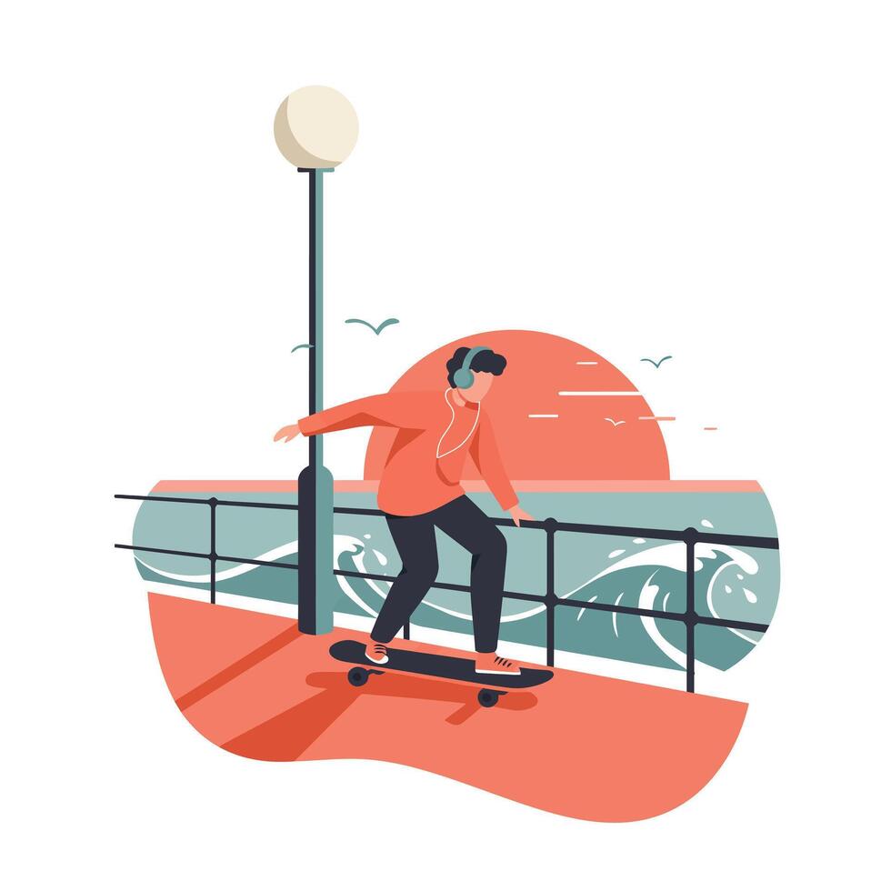 Young man wearing headphones skateboarding along seaside promenade at sunset with ocean waves and birds in background vector