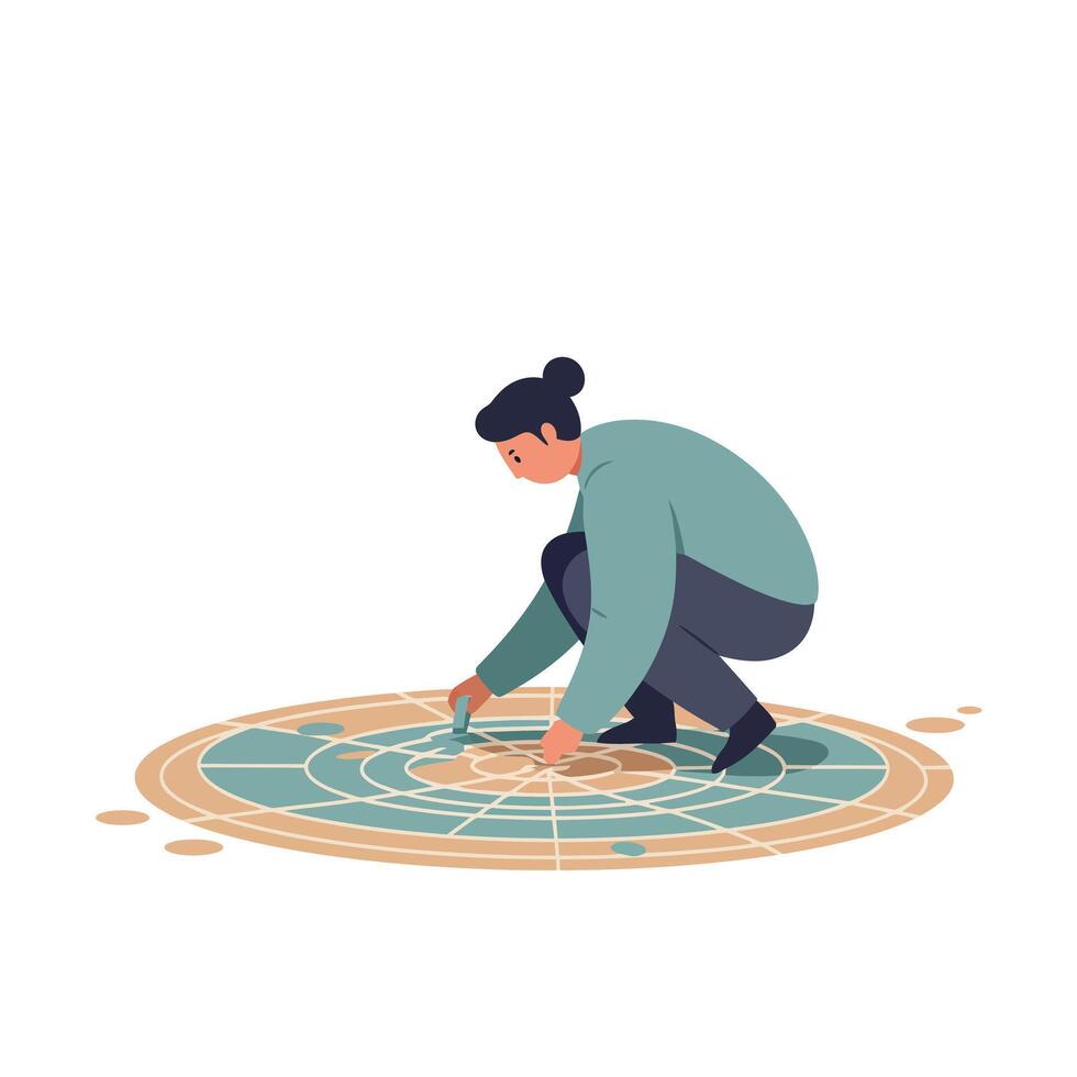 Woman in casual clothes crouching while cleaning round floor mosaic in minimal flat art vector