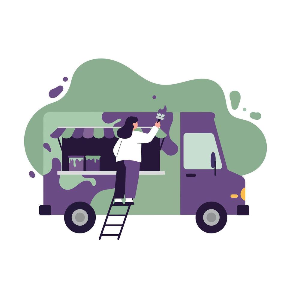 Woman serving beverages from a mobile coffee truck with striped awning in flat minimal design illustration vector
