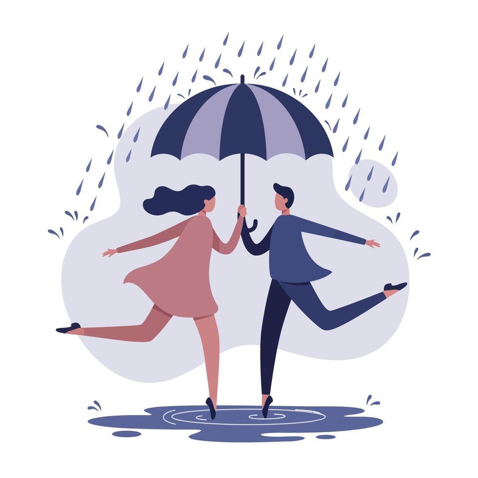 Couple holding umbrella dancing joyfully in rain with flat minimalist design style illustration vector