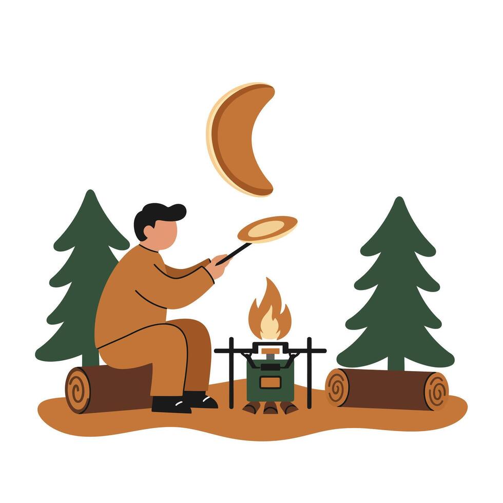 Man cooking pancakes over campfire in forest setting with pine trees flat minimal illustration vector
