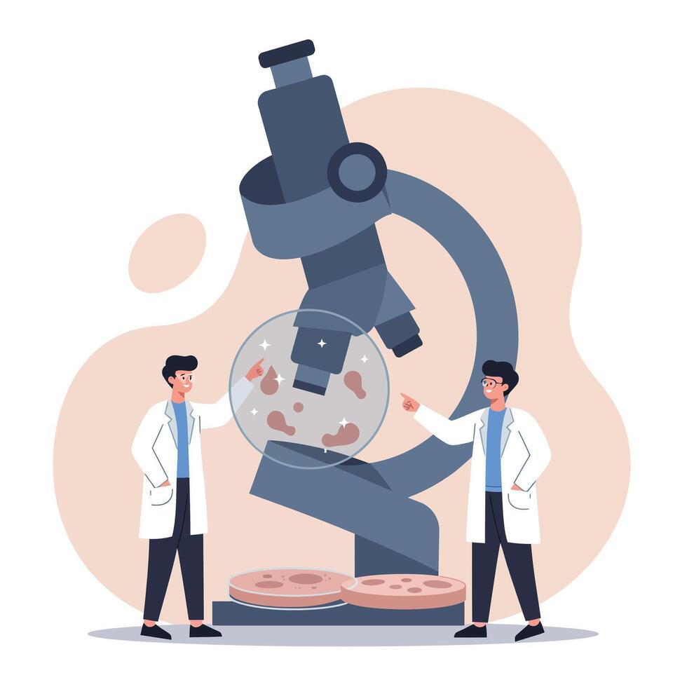 Two scientists examining bacteria sample under large microscope in modern flat design illustration vector