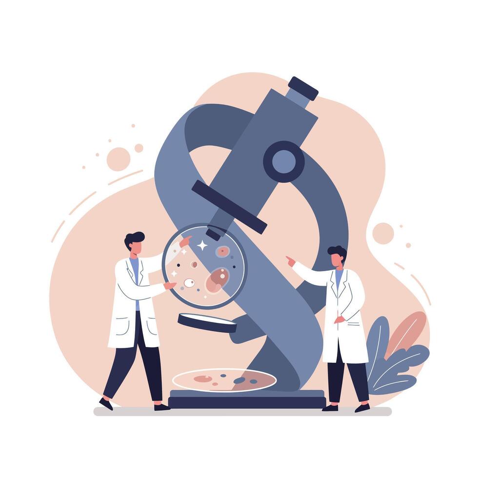 Two scientists examining bacteria culture through large microscope in flat modern art vector