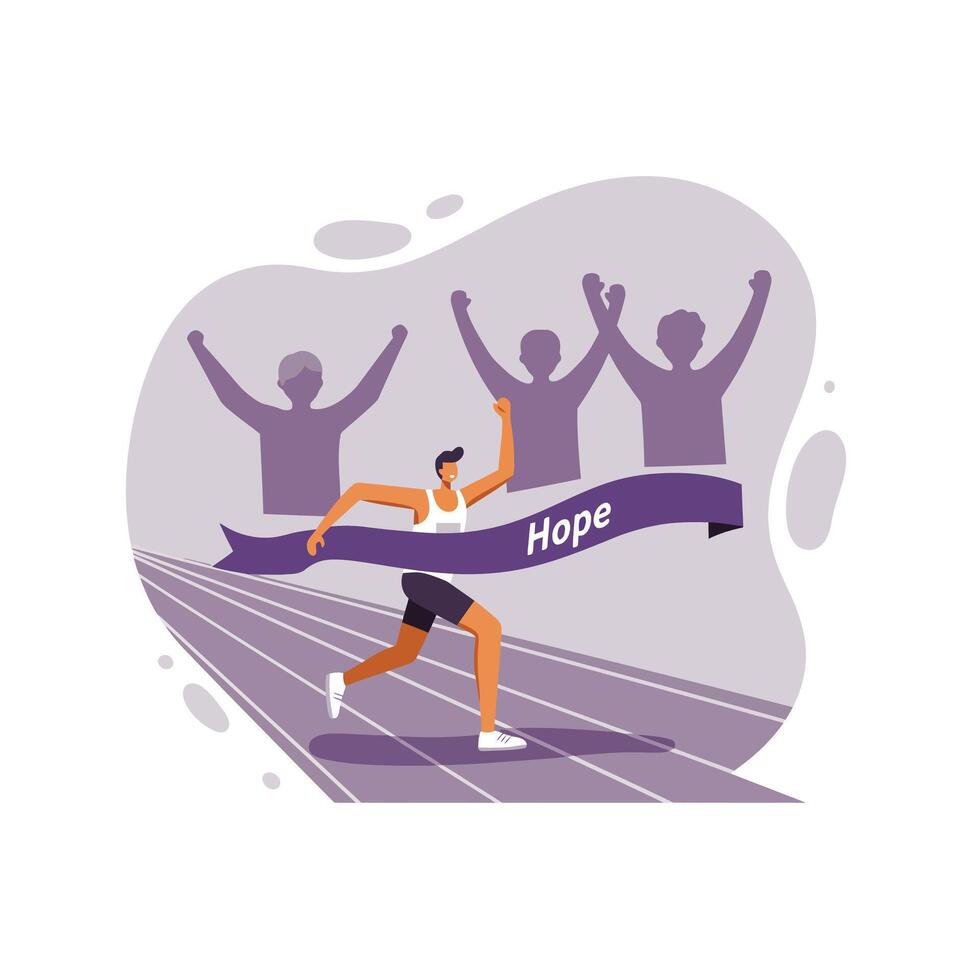 Male runner crossing finish line with hope banner in minimal flat design style illustration vector