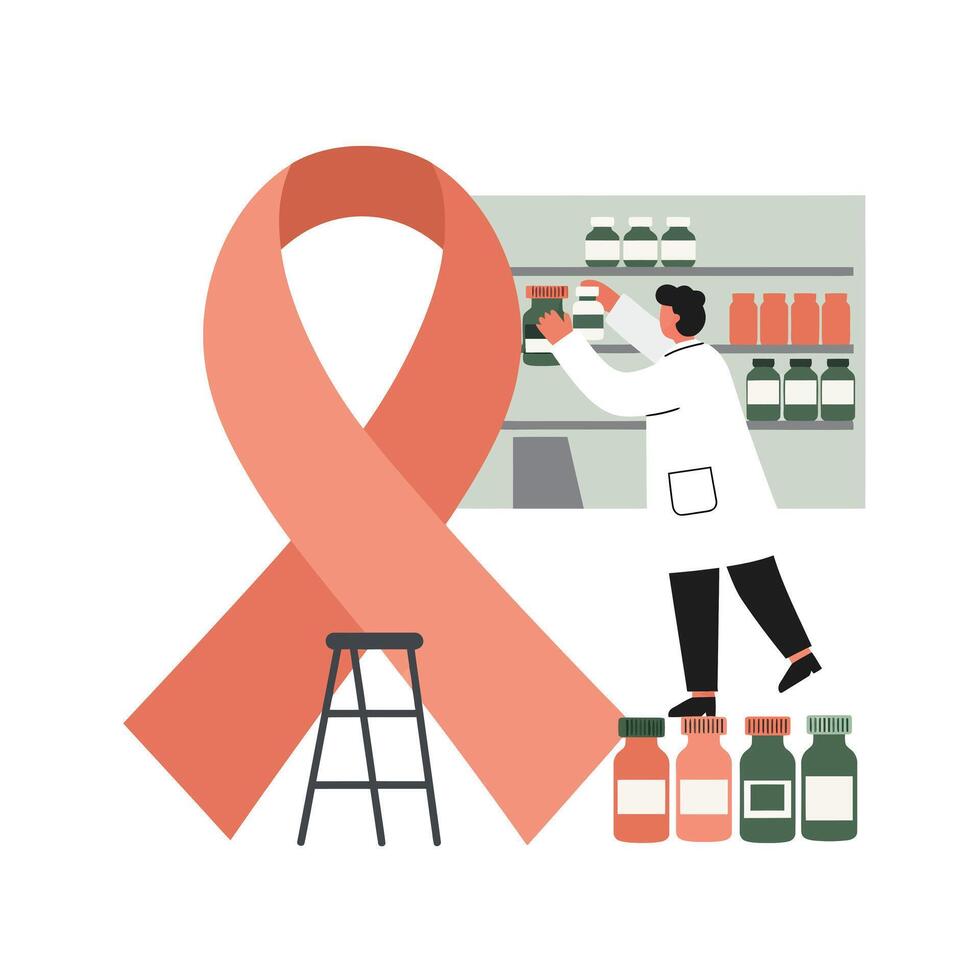 Male pharmacist in white coat organizing medication bottles near large red awareness ribbon flat minimal illustration vector