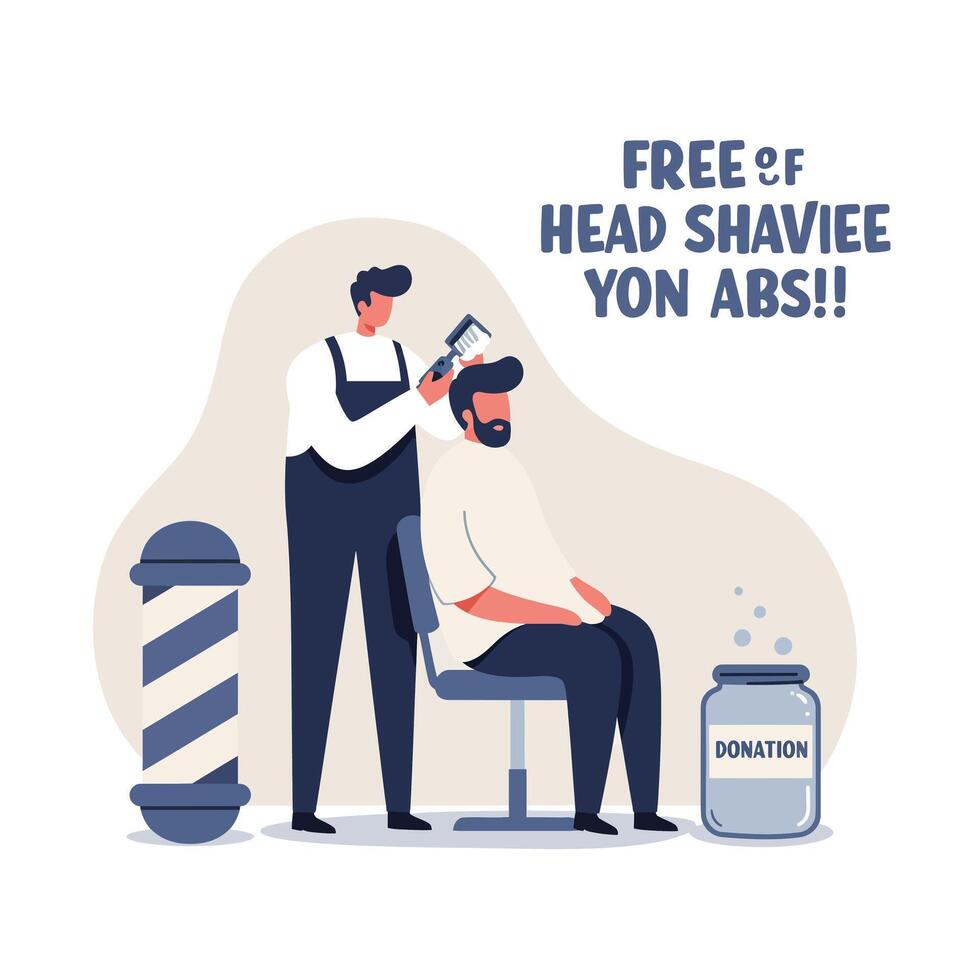 Male customer receiving haircut from barber in minimal flat style with donation jar and barber pole illustration vector