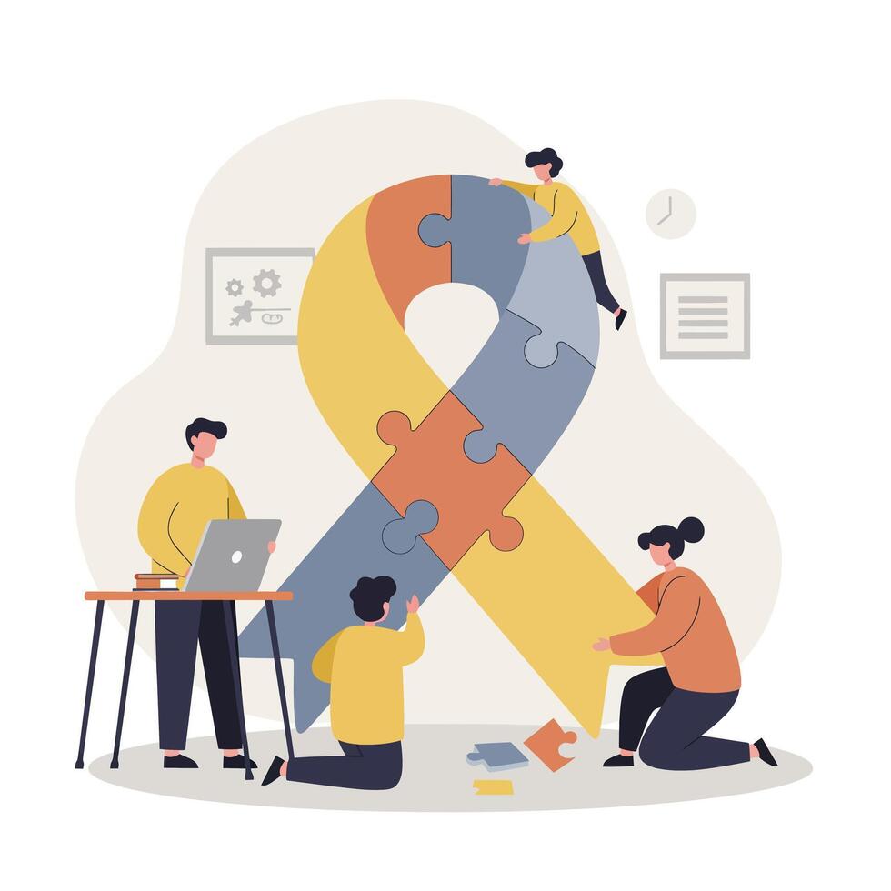 Team of diverse people assembling large multicolored puzzle ribbon in modern flat design illustration vector