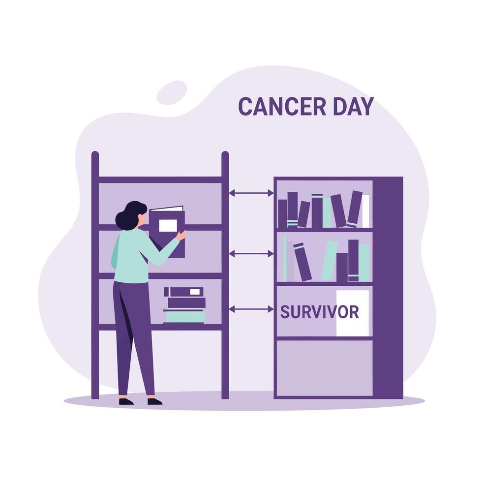 Woman organizing bookshelf with survivor label in flat minimal Cancer Day awareness illustration vector