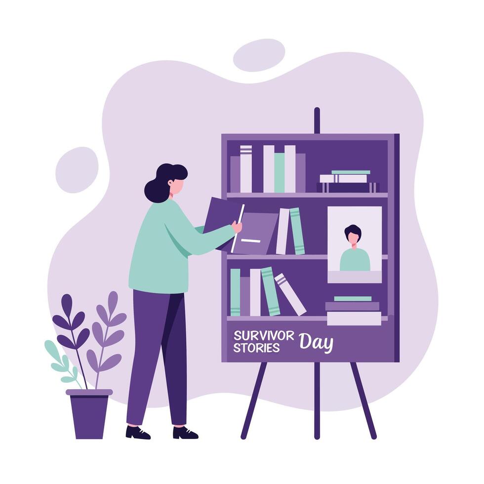 Woman presenting survivor stories on purple bookshelf with books and portrait in flat style illustration vector
