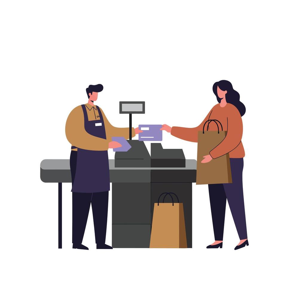 Woman shopping and cashier assisting with payment at checkout counter in flat style illustration vector