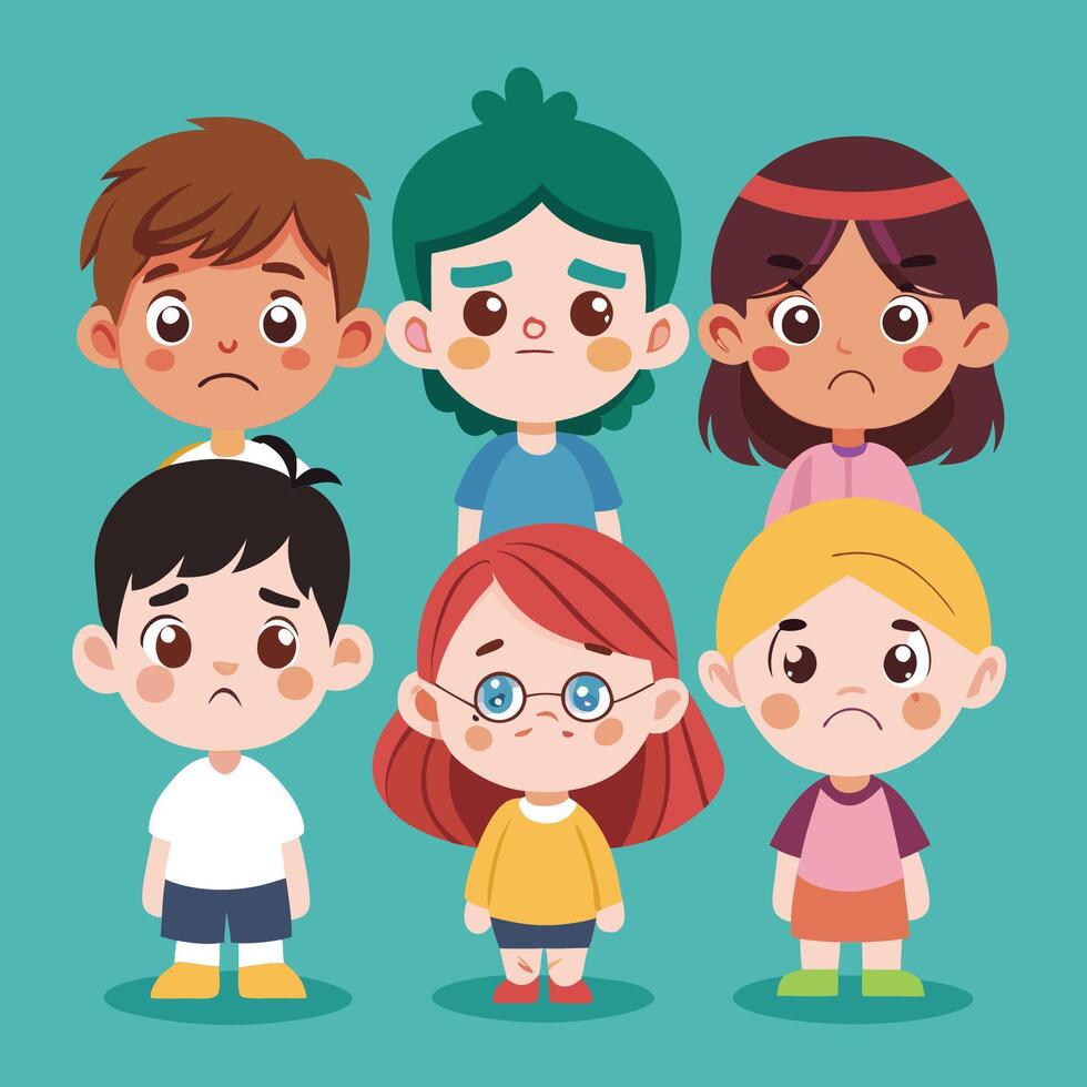 Heartfelt Expressions A Collection of Kids with Sad Expressions in Cartoon Drawings vector