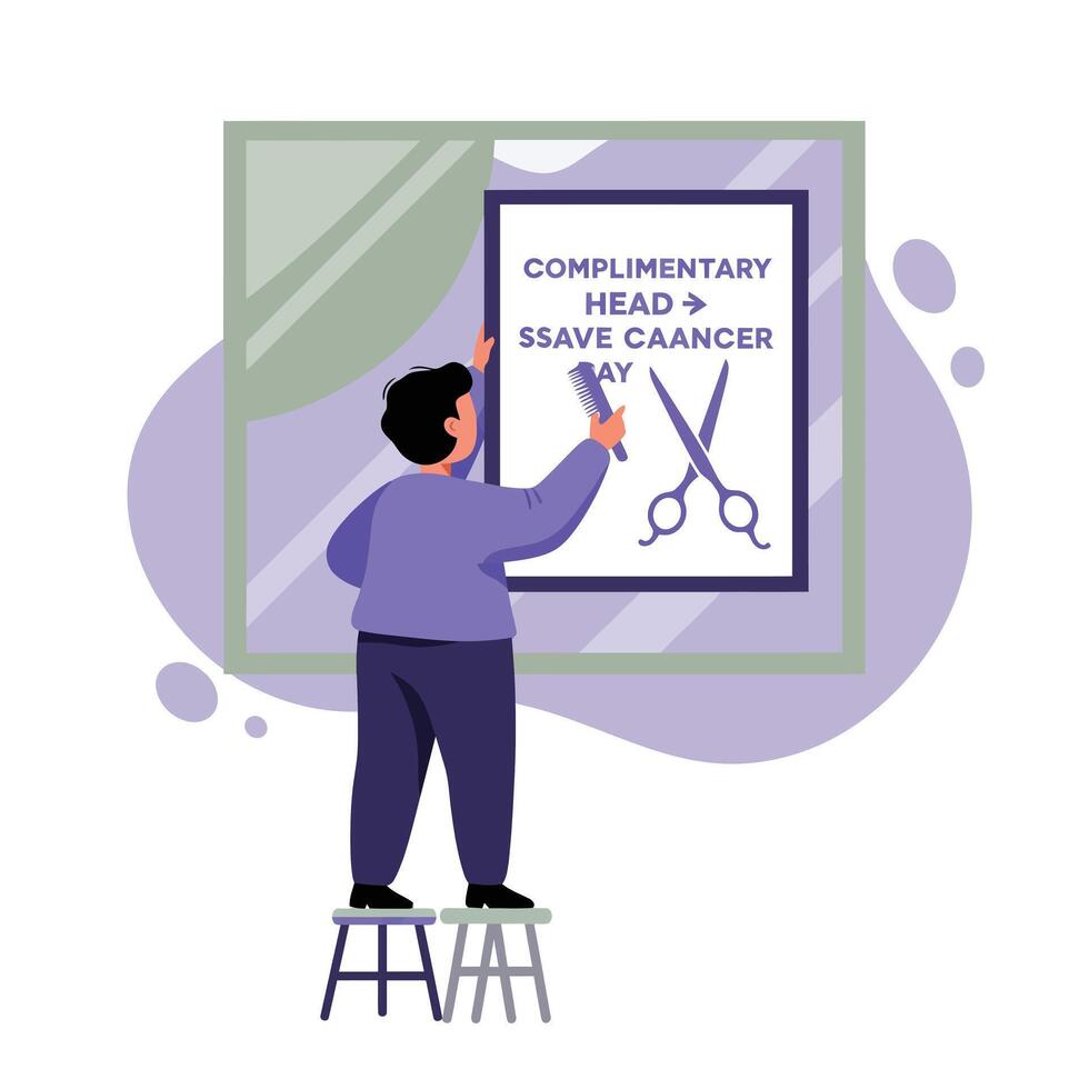 Man standing on stools painting a purple cancer awareness poster with scissors in flat illustration vector