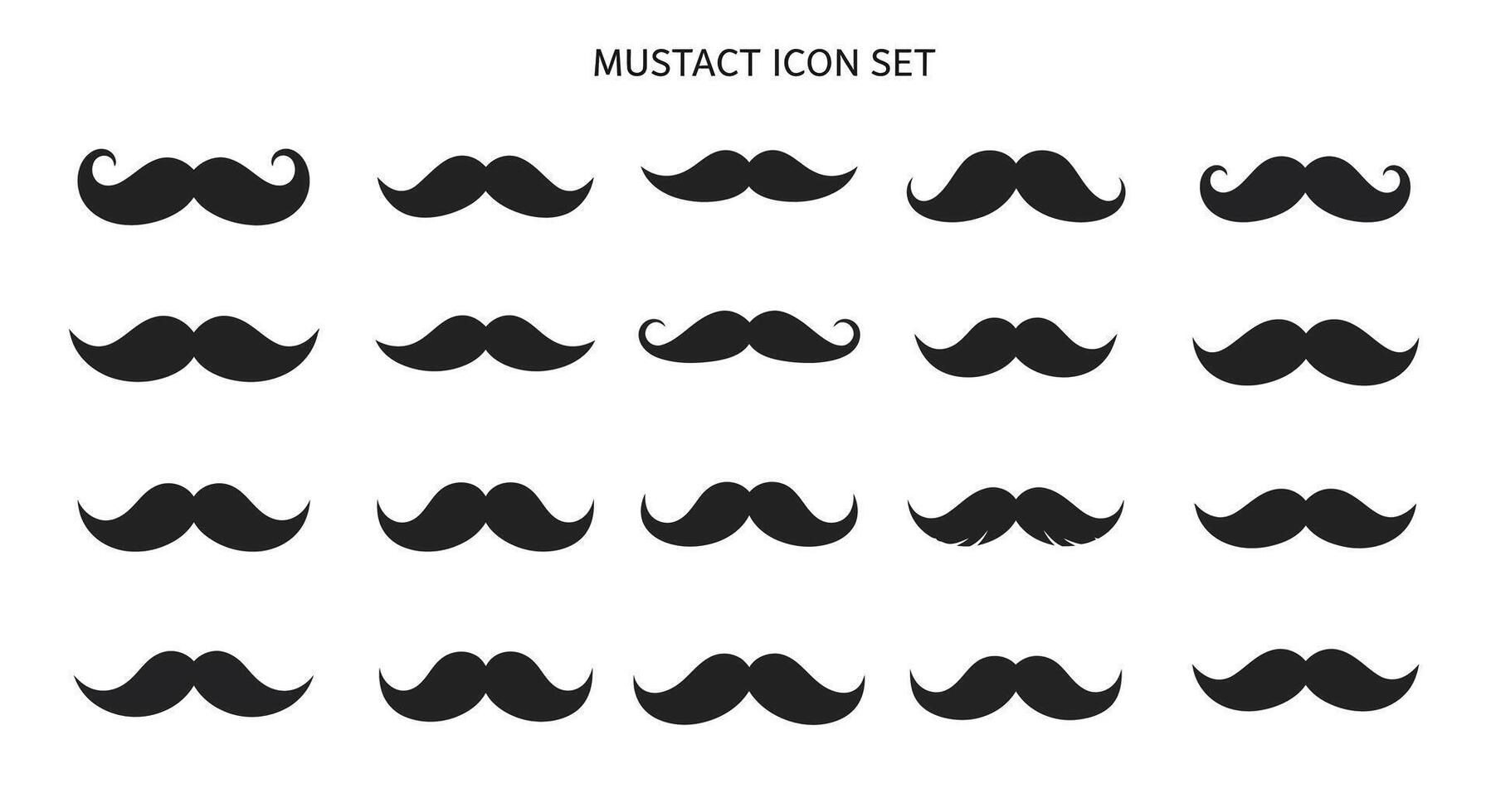 Collection of black mustache icons in flat minimal style featuring various shapes and styles arranged in neat rows art vector