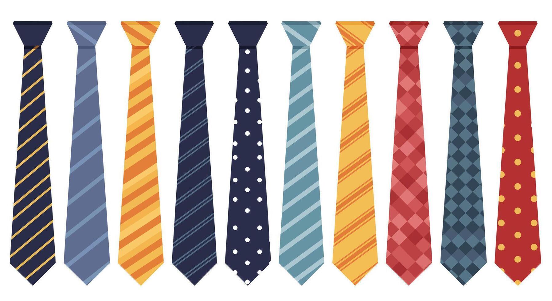 Collection of striped and patterned neckties in flat design with various colors and textures casual and formal art vector